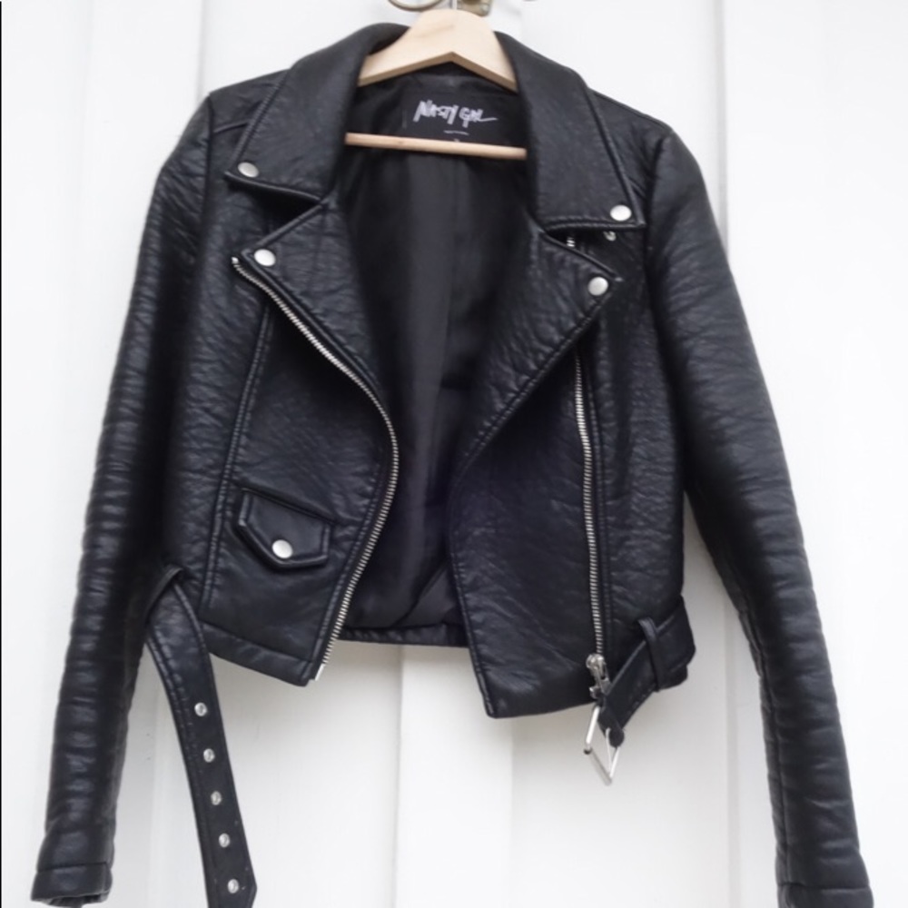NASTY GAL faux leather motto jacket.